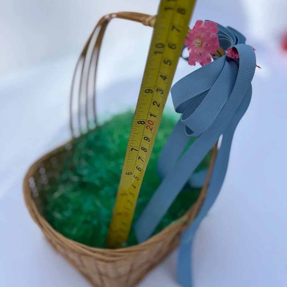 Woven Bamboo Easter Basket Blue Ribbon Bow Pink Flowers Green Grass‎ 10.5in
